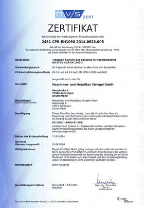 Zertifikat 2451-CPR-EN1090-2014.0628.005-EXC3 bis 2024