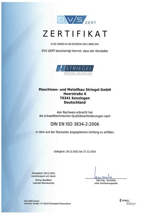 Zertifikat - DIN EN ISO 3834-2 gültig bis 2024
