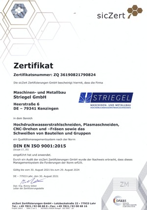 Zertifikat DIN EN ISO 9001-2015 Gültig vom 08.2021 bis 08.2024